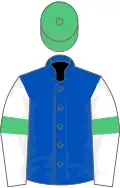 Royal blue, white sleeves, emerald green armlets and cap