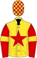 Yellow, red star, red sleeves, yellow armlets, check cap