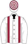 White, maroon braces, hooped cap
