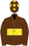 Brown, yellow hoop and spots on cap