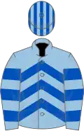 Light blue, royal blue chevrons, hooped sleeves, striped cap