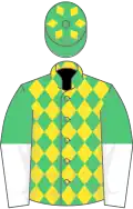 Emerald green and yellow diamonds, emerald green and white halved sleeves