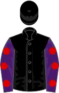 Black, purple sleeves, red spots