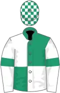 Emerald green and white (quartered), white sleeves, emerald green armlets, emerald green and white check cap