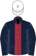 Dark blue, maroon panel, white cap