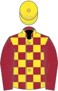 Maroon and yellow check, maroon sleeves, yellow cap