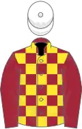 Maroon and Yellow check, Maroon sleeves, white cap