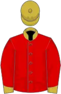 Red, old gold collar, old gold cuffs on sleeves, old gold cap