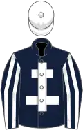 Dark blue, white cross of lorraine, striped sleeves, white cap
