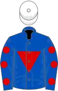 Royal blue, red inverted triangle, royal blue sleeves, red spots, white cap