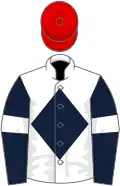 WHITE, DARK BLUE diamond, DARK BLUE sleeves, WHITE armlets, RED cap