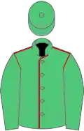 Emerald green, red seams, emerald green sleeves and cap
