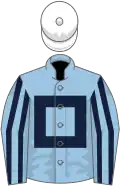 Light blue, dark blue hollow box, striped sleeves, white cap
