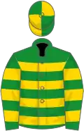 Green and gold hoops, quartered cap