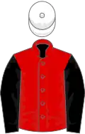 Red, black sleeves, white cap