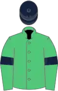 Emerald green, dark blue armlets, dark blue cap
