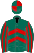 Dark green and red chevrons, striped sleeves, quartered cap