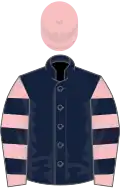 Dark blue, pink and dark blue hooped sleeves, pink cap