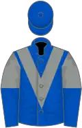 Royal blue, grey chevron, grey and royal blue halved sleeves