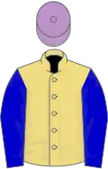 Buff, blue sleeves, mauve cap
