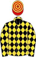 Black and yellow diamonds, red and yellow hooped cap