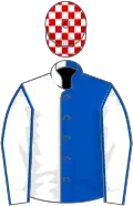 Royal blue and white (halved), white sleeves, royal blue seams, red and white check cap