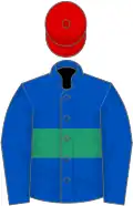 Royal blue, emerald green hoop, red cap