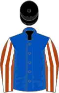 Royal blue, rust and white striped sleeves, black cap