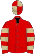 Red, beige hooped sleeves, quartered cap