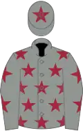 Grey, maroon stars, grey sleeves, maroon stars, grey cap, maroon star