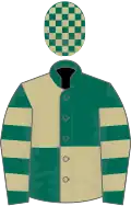 Dark green and beige (quartered), hooped sleeves, check cap