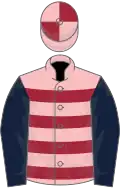 Pink, maroon hoops, dark blue sleeves, pink and maroon quartered cap