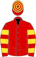 Red, yellow hooped sleeves and cap