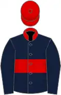 Dark blue, red hoop and collar, red cap