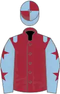 Maroon, light blue epaulets, light blue sleeves, maroon stars, quartered cap