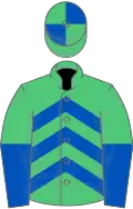 Emerald green and royal blue chevrons, halved sleeves, quartered cap