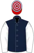 Dark Blue, White sleeves, Red and Light Blue hooped cap