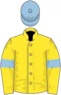 Yellow, light blue armlets, light blue cap