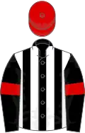 Black and white stripes, black sleeves, red armlets, red cap