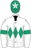 White, emerald green triple diamond and armlets, emerald green cap, white star