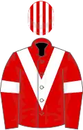 Red, white chevron and armlets, striped cap