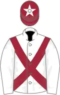 White, maroon cross belts, maroon cap, white star