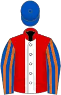 RED, white panel, royal blue sleeves, orange stripes, royal blue cap