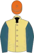 Buff, saxe blue sleeves, orange cap