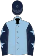 Light blue, dark blue sleeves, light blue stars, dark blue cap