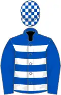 Royal blue, white hoops, royal blue sleeves, check cap