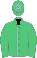 Emerald green, light blue seams, emGreen sleeves, emGreen cap, light blue star