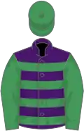 Purple, sea green hoops on body, sea green sleeves and cap