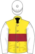 Yellow, maroon hoop, white sleeves and cap