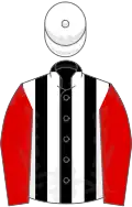Black and white stripes, red sleeves, white cap